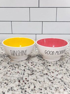 Rae Dunn Yellow and Pink Interior Ceramic Bowls Set of 2 Sunshine Good Morning